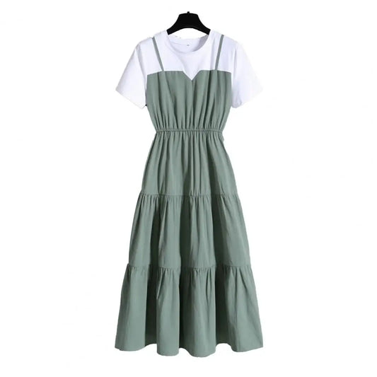 2024 Fashion Strap Fake Two piece Dress Block Summer Short sleeved Dress Women's Waist Tight Dress