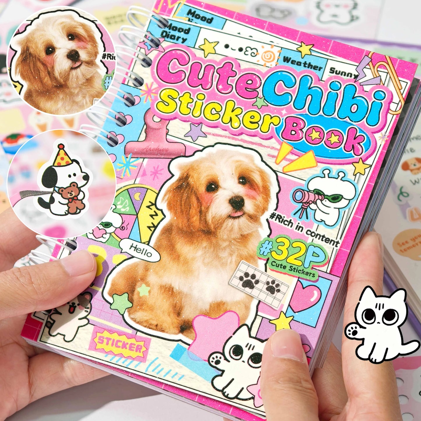 1600+ Materials, 32 Cute Animal Sticker Books, Double Spiral Binding with Built-In Die-Cutting, DIY Decoration Sticker Material Books for Journals/Water Bottles/Notebooks, Etc