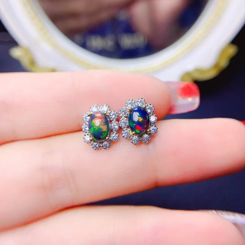 Natural Black Opal Earrings S925 Pure Silver with Certificate Fine Fashion Weddings Charm Jewelry for Women