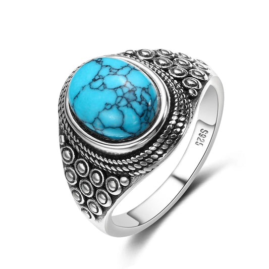S925 Silver Oval Natural Turquoise Rings for Men Women Silver Fine Jewelry