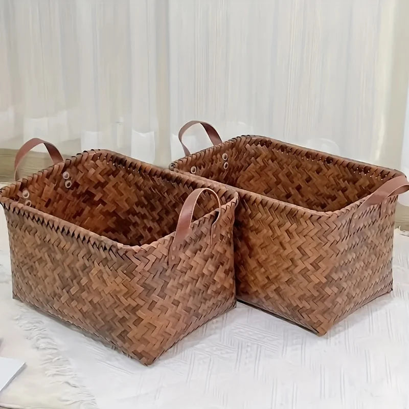 2pcs Handwoven Plastic Storage Baskets with Leather Handles-Durable, Stackable Organizer for Kitchen, Bathroom, Bedroom & Dorm
