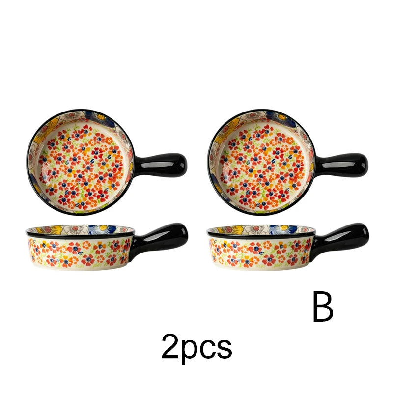 Polish Pottery Floral Baking Dish Set, Hand Painted Ceramic Bakeware with Handles, Oven Safe for Casserole & Fruit Serving
