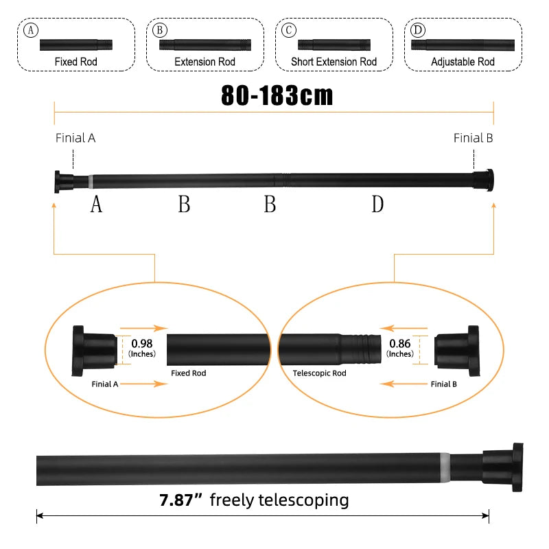 Adjustable Stainless Steel Shower Curtain Rod 80-240cm Telescopic No-Drill Clothes Drying Rack for Balcony Bathroom