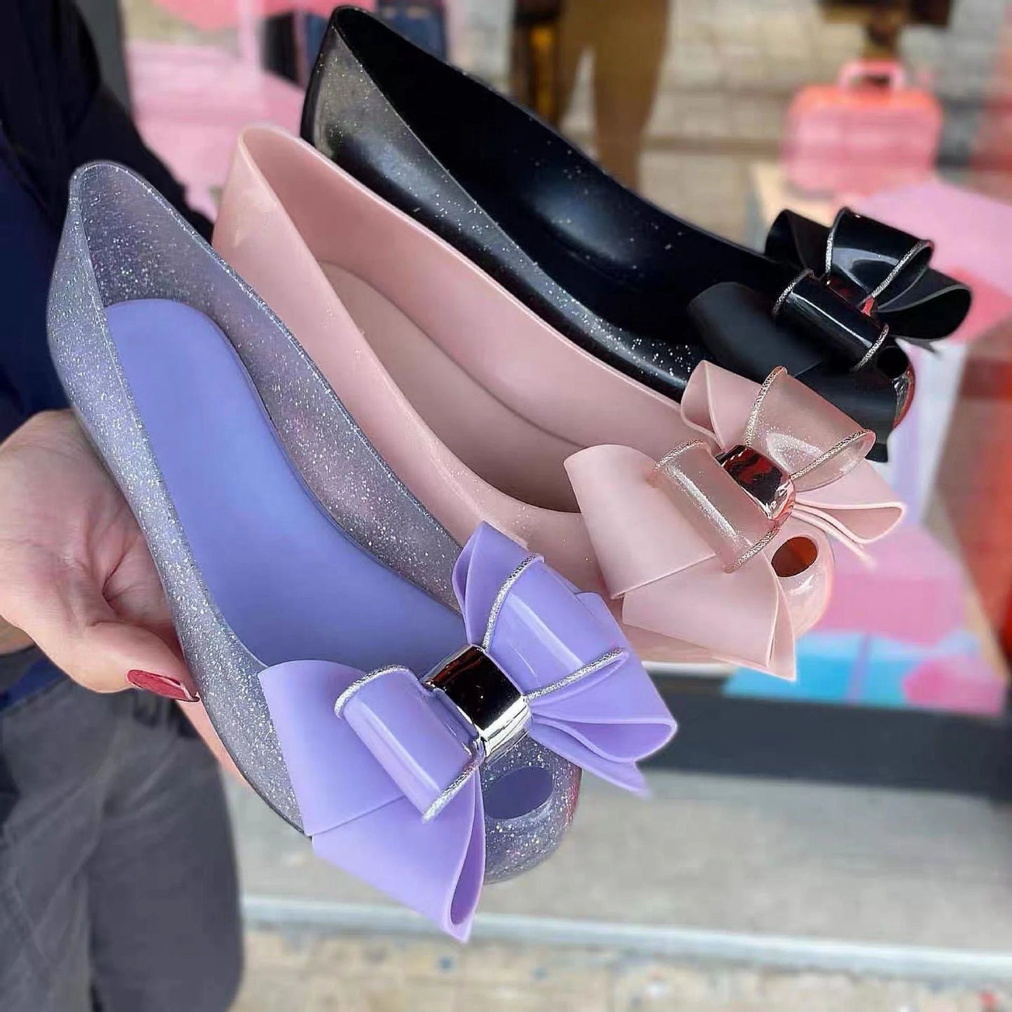 New Women's Jelly Shoes Fashion Ladies Fish Mouth Sandals Adult Girls Non-slip Beach Shoes Crystal Flash Retro Bow Sandal Female