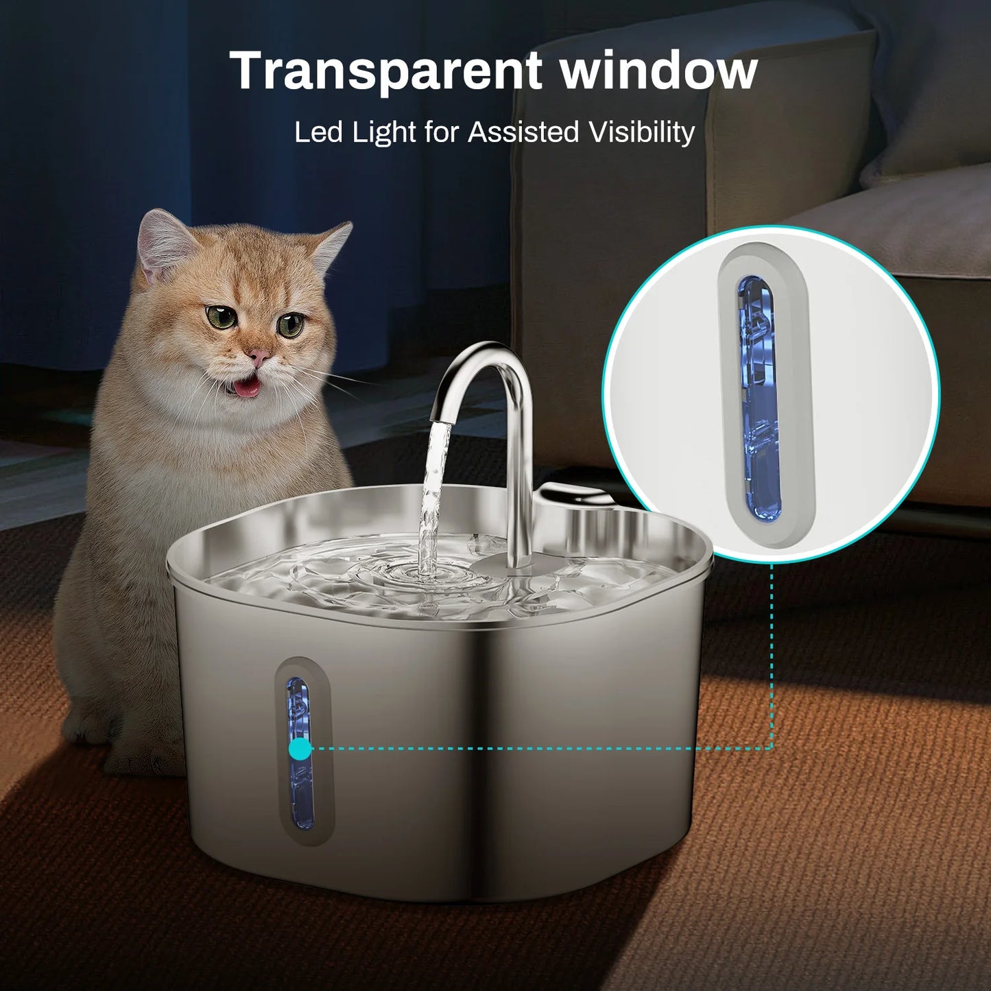 2.2L Automatic Cat Water Fountain Square Stainless Steel Dog Cat Dispenser Silent Water Pump Circulation Filtering Visual Window
