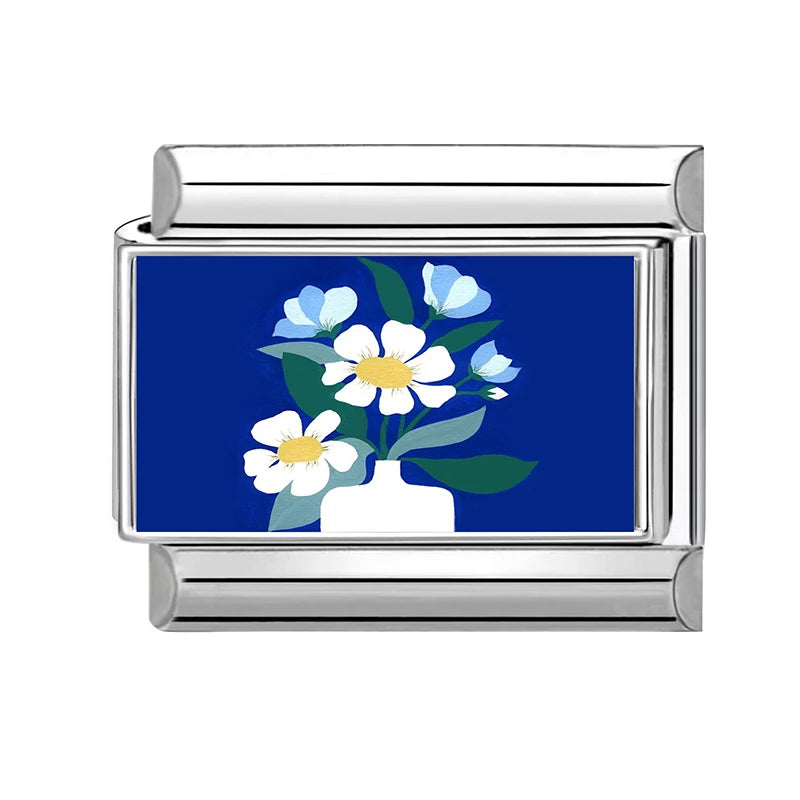Wholesale Blue Series Beautiful Blue Flowers Italian Charms Fit 9mm Stainless Steel Women Fashion Bracelet DIY Jewelry Gifts