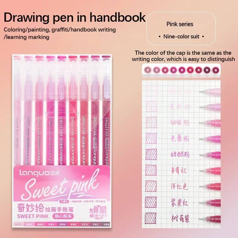 Languo Gel Pen Large Capacity Handbook Pens 6/9Pcs 0.6mm Student Art Diy Doodling Drawing Markers Office Kawaii Art Stationery