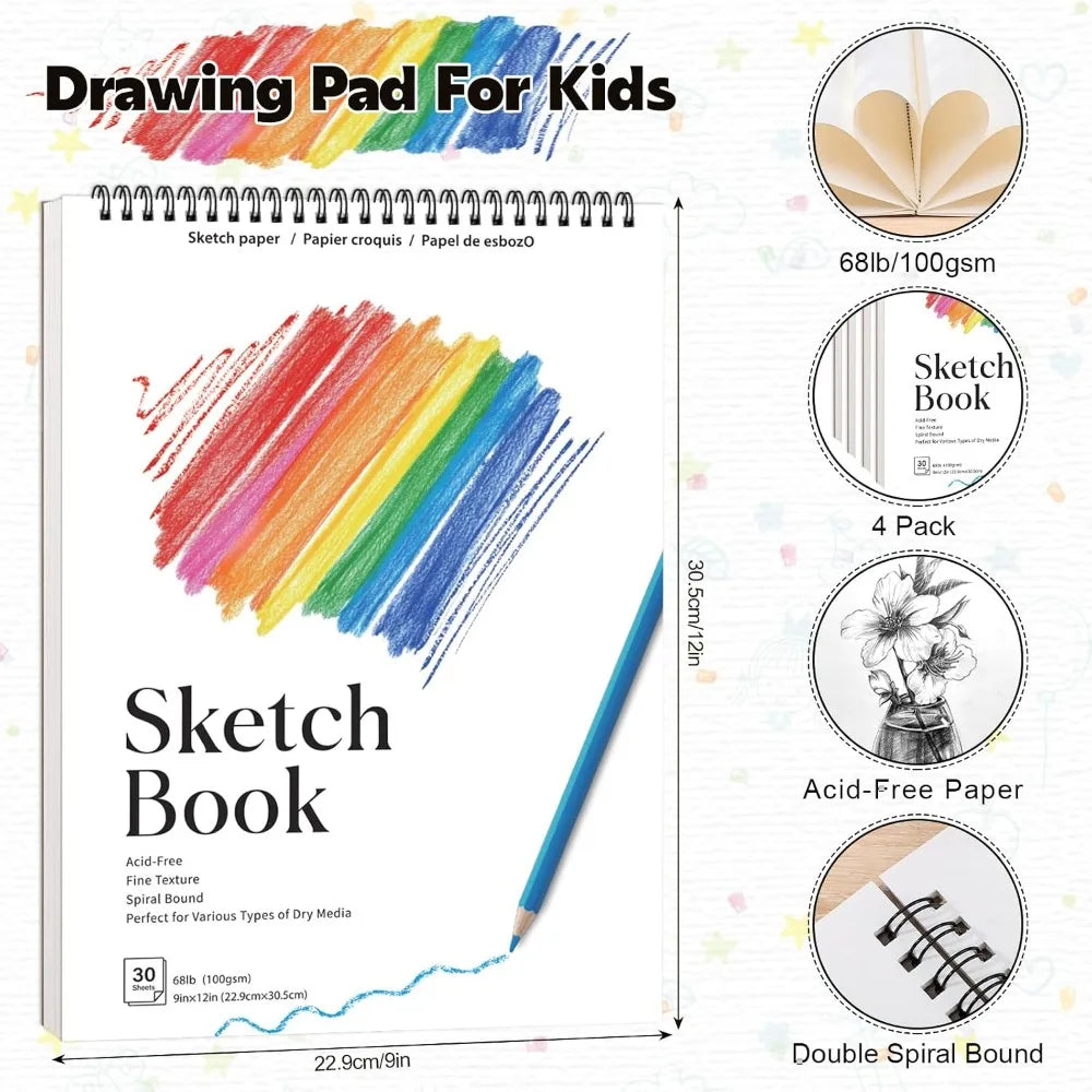 4 Pack Sketch Book, 9x12 Inch Spiral Bound Sketchpad, 68lb 100gsm Acid Free Drawing Paper for Kids Adults Beginners Artists, 30 Sheets Each