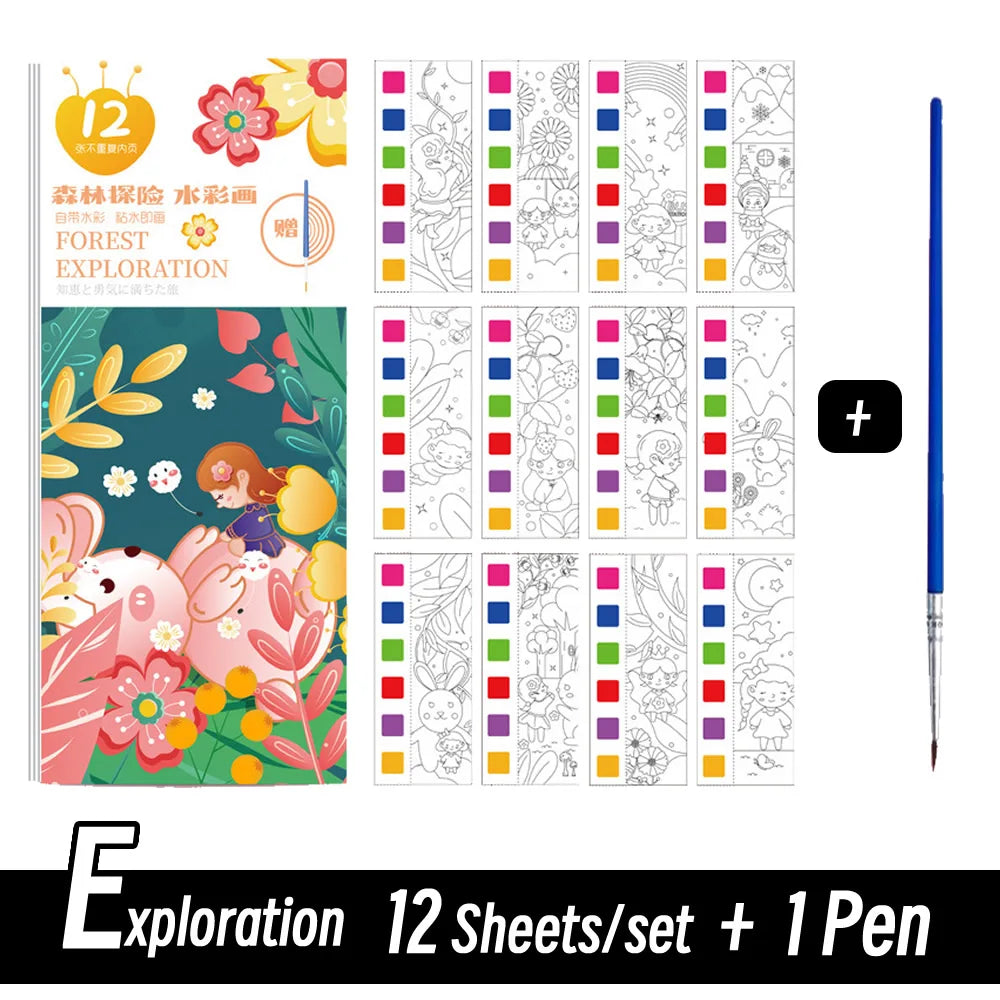 12 Sheets/Set Portable Watercolor Painting Paper Coloring Book With Paint Brush Filling Kids Graffiti Picture Drawing for Kids