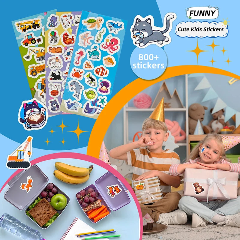 12-36 Sheets Stickers Bulk for Kids Scrapbooking Including Animals, Fruits, Dinosaurs, Cats, Fish, Cars and More, Party Favors f