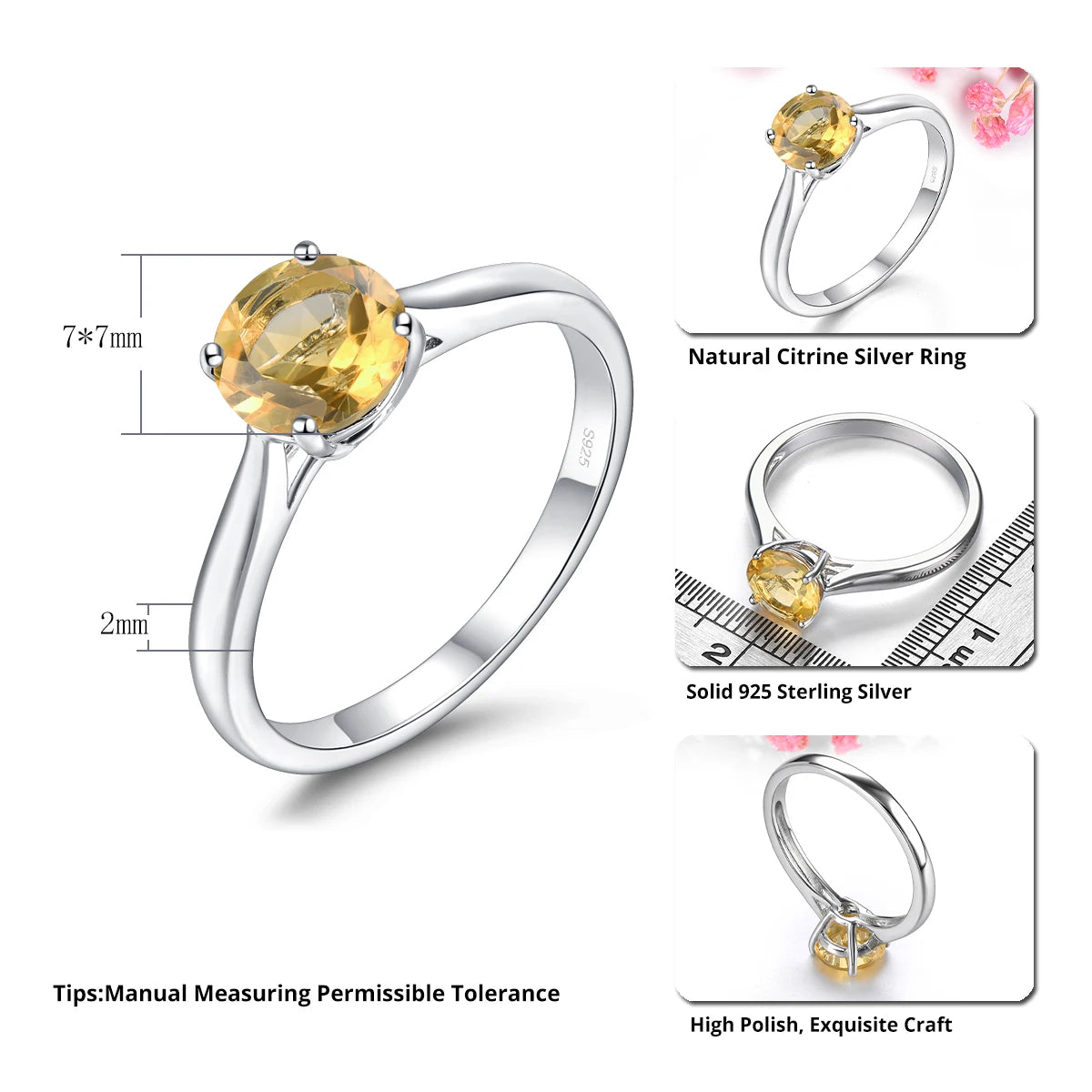 Natural Citrine Sterling Silver Rings 1.3 Carats Genuine Gemstone Classic Simple Fine Jewelry Style S925 Daily Birthday Gifts