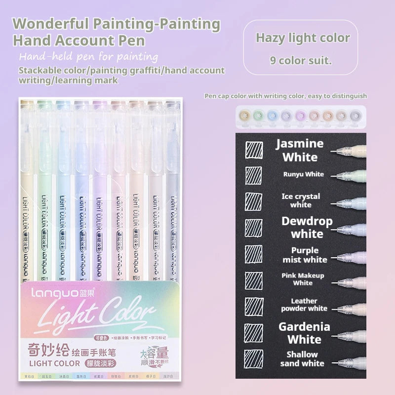 Languo Gel Pen Large Capacity Handbook Pens 6/9Pcs 0.6mm Student Art Diy Doodling Drawing Markers Office Kawaii Art Stationery