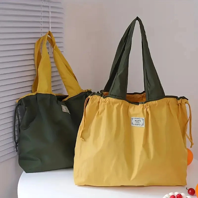 Large Capacity Reusable Shopping Bag Fashion Eco-Friendly Drawstring Grocery Bag Casual Travel Waterproof Shoulder Handbag