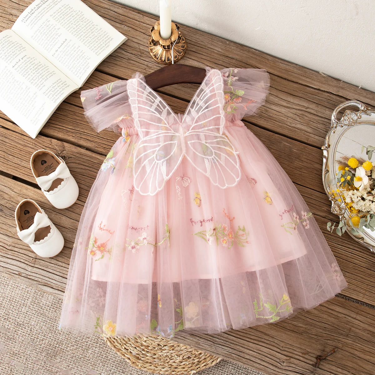Summer Baby Girl Butterfly Wing Princess Dress Floral Embroidery Sleeveless Gauze Dress Girl Wedding Party Costume Nine Colors