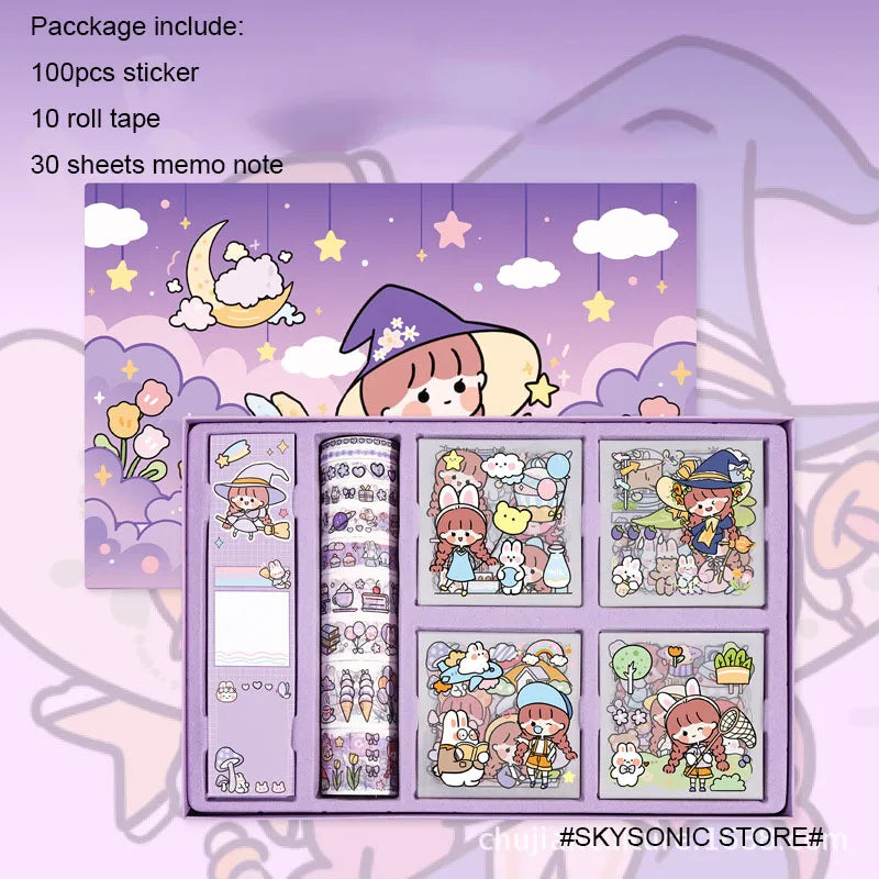 SKYSONIC New 100pcs Sticker,10 Roll Tape,30 Sheets Memo Notes Sakura PET Journal Gift Set Decor Stickers Kids Stationery Set