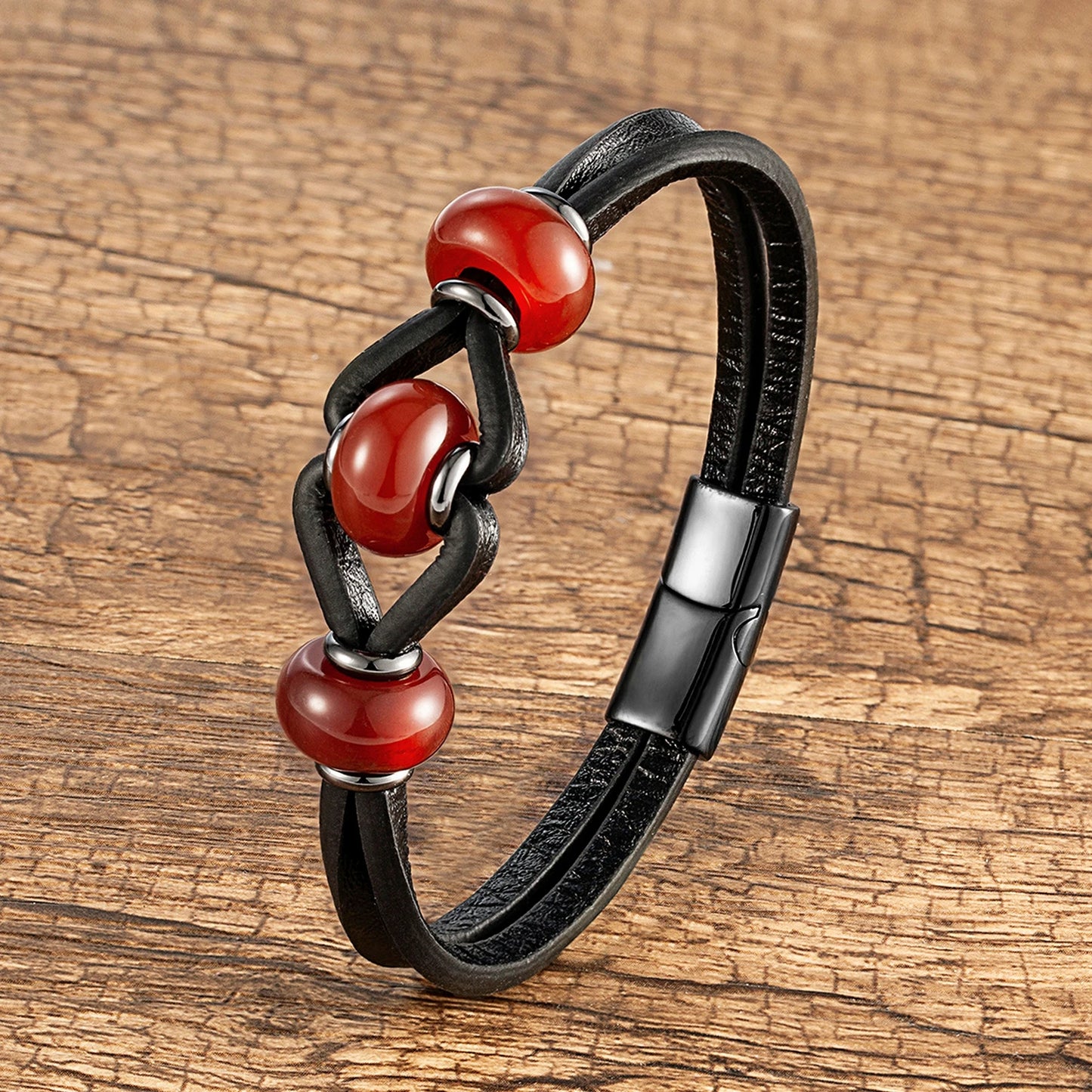 Round Natural Amethyst Crystal Stone Bracelet Women Charm Black Double Leather Rope Chain Stainless Steel Magnetic Men's Jewelry