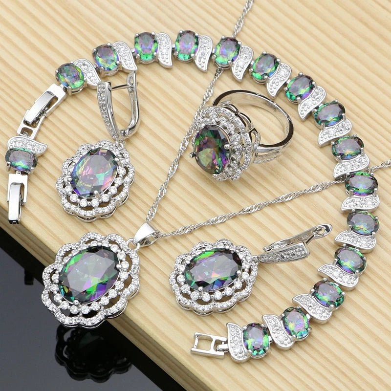 Women Silver 925 Costume Jewelry Sets Natural Black Stones Earrings Fashion Jewelry Gift for Her Party Bracelet Necklace Sets