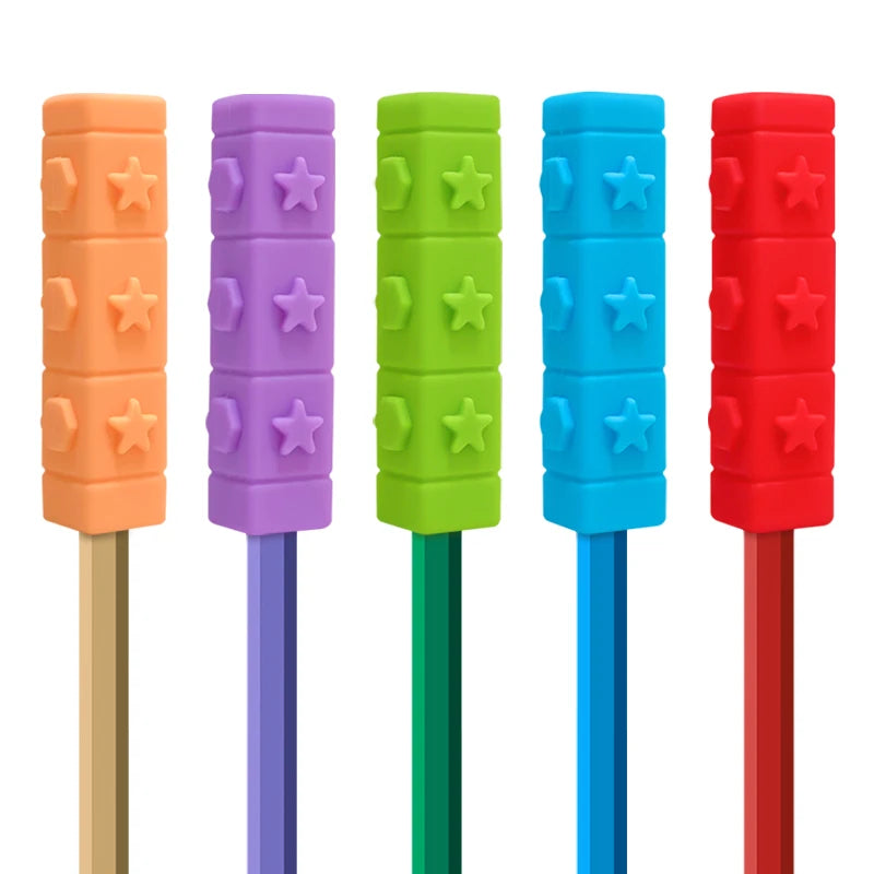 5PCS Silicone Pencil Topper Fun Silicone Baby Teether Pencil Cap Sensory Toy for Kids Children Autism ADHD Chew Tools