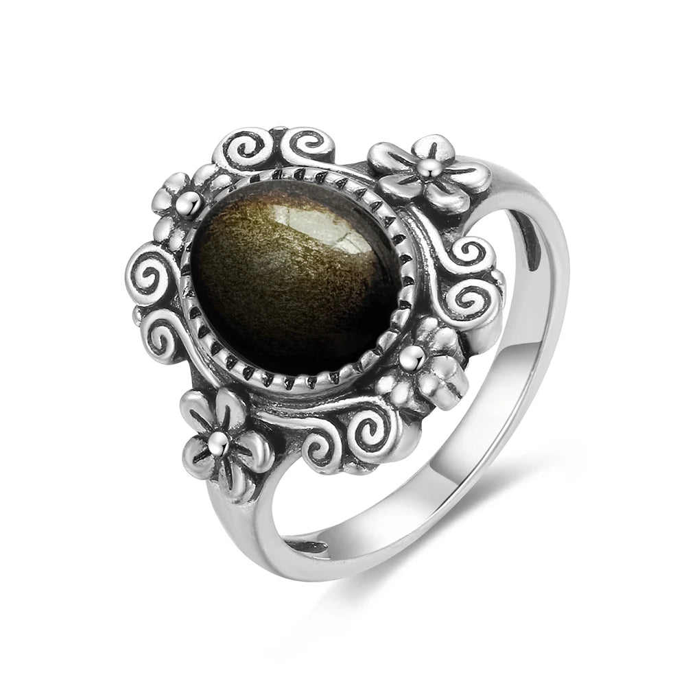 Vintage S925 Sterling Silver Ring Oval Round Natural Obsidian Ring Sun And Flower Shaped Retro Fine Jewelry For Women Men