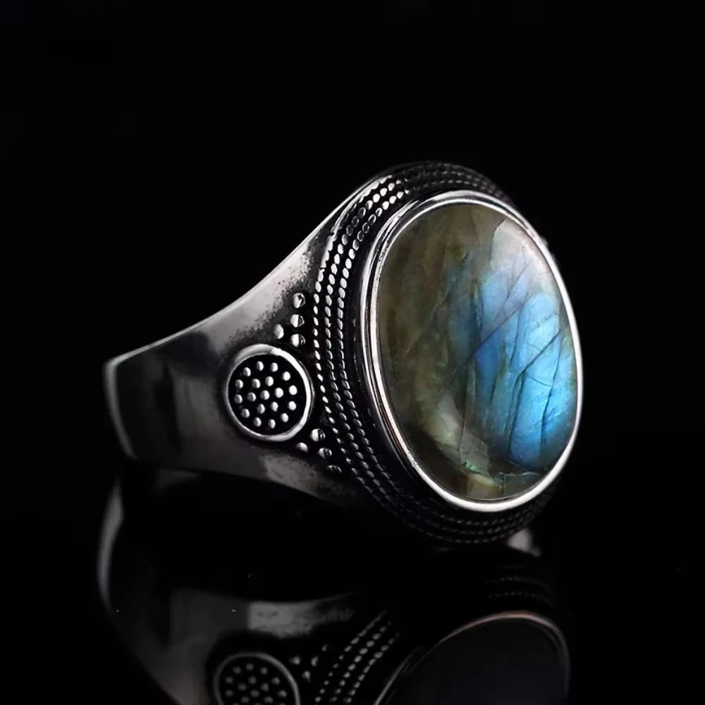 Vintage S925 Sterling Silver Natural labradorite Moonstone Ring 10x14MM Large Turquoise Lapis Retro Ring For Women Men