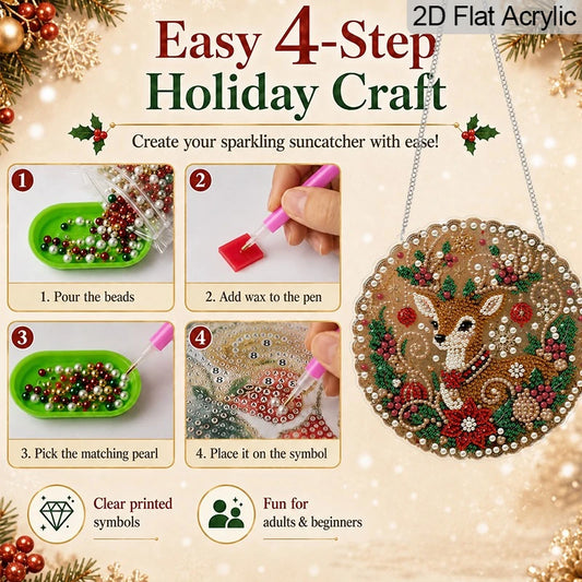 2D Flat, 1pc 11.8in/7.87in Round Acrylic Christmas Pearl Diamond Painting Hanging Ornament, Cute Reindeer Floral Pattern, Mixed