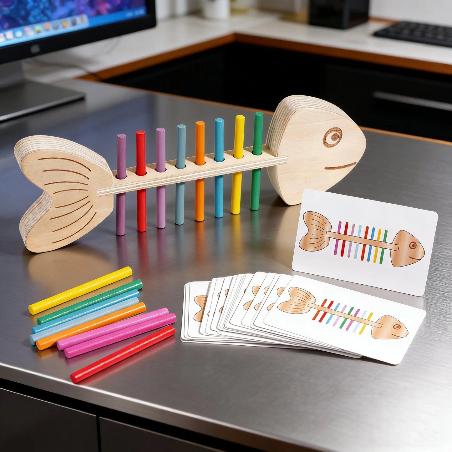 Wooden Fishbone Color Matching Toy Motor Skills Game 30 Card Educational Balance Kids Preschool Learning Activity Home Classroom