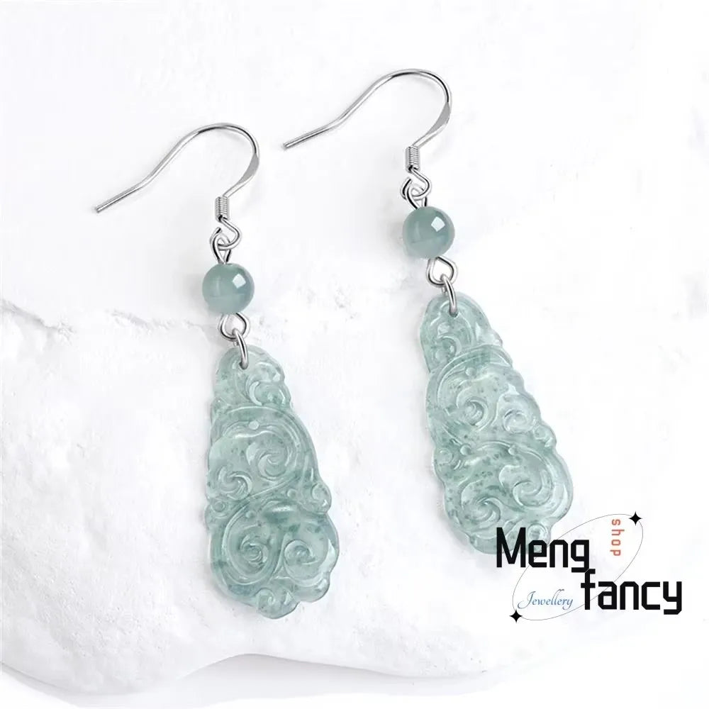 Natural A-goods Jadeite Blue Water Ruyi S925 Silver Inlaid Ice Jade Earrings Exquisite Elegant Simple High-grade Fashion Jewelry
