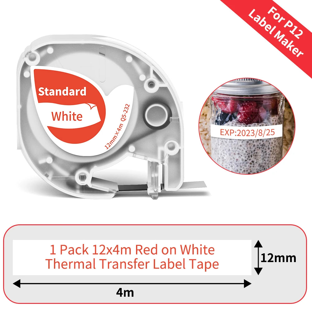 P12 Label Tape Compatible with Dymo LetraTag 200B Refills LT-100H Label Replacement for Phomemo P12 PRO Label Maker 12mm x 4m