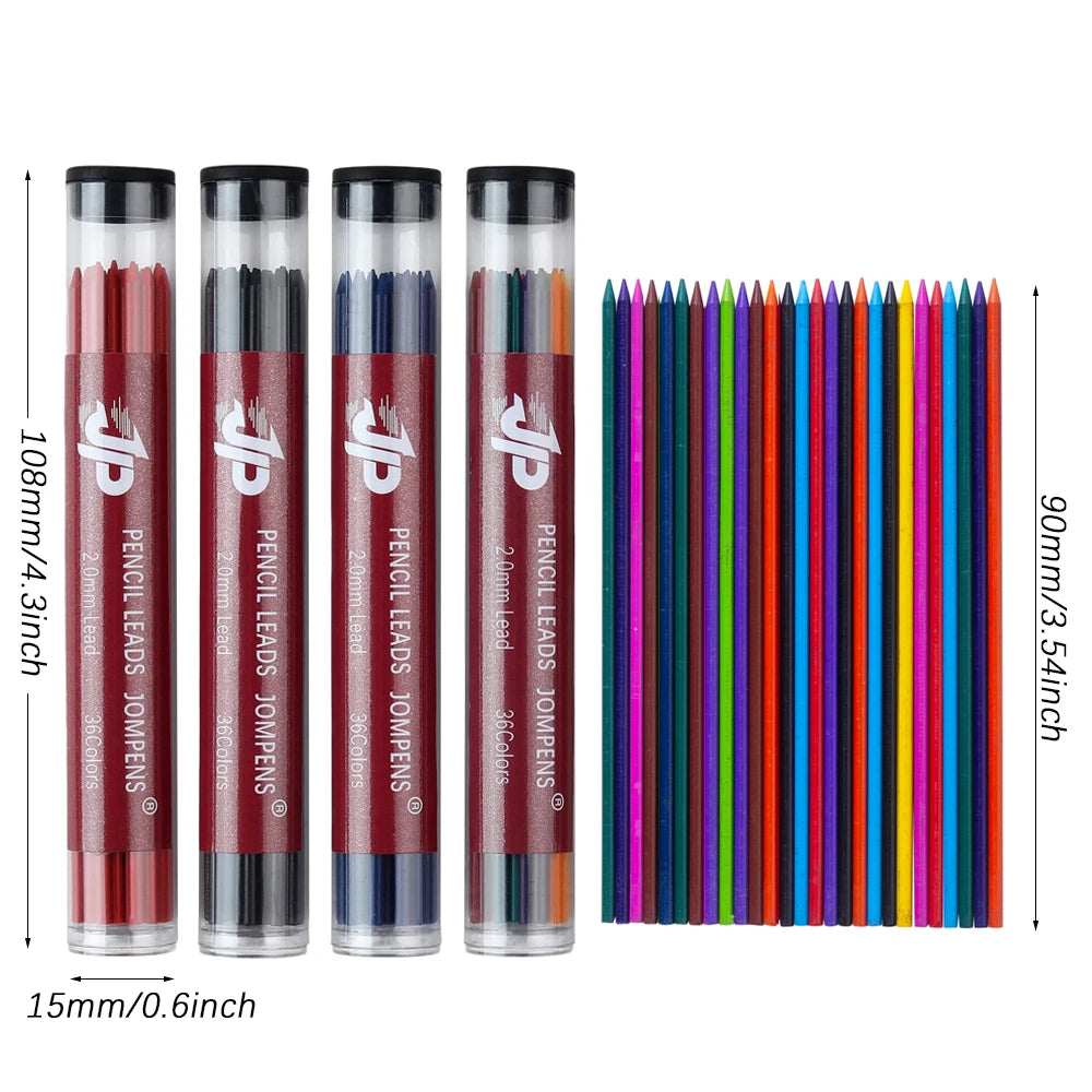 36Pcs/Box 2.0mm Mechanical Pencil Lead Core Round Tube 36 Colors mixed Lead Sketching Painting Writing School Office Stationery