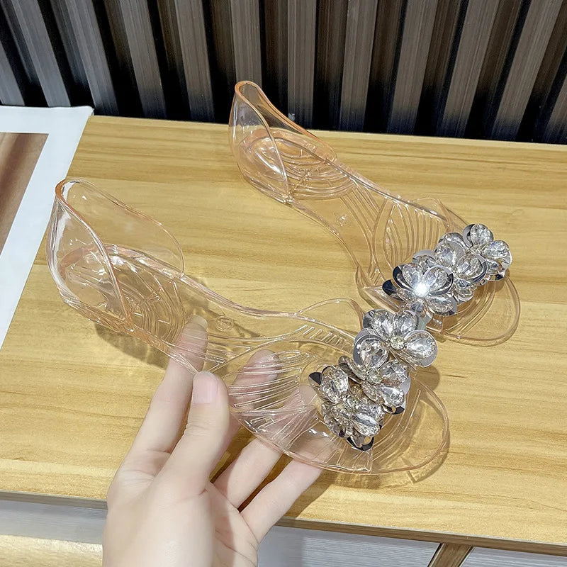 2026 Summer Women Glitter Sequins Jelly Sandals Clear Crystal Flat Peep Toe Transparent Outdoor Casual Slip On Footwear