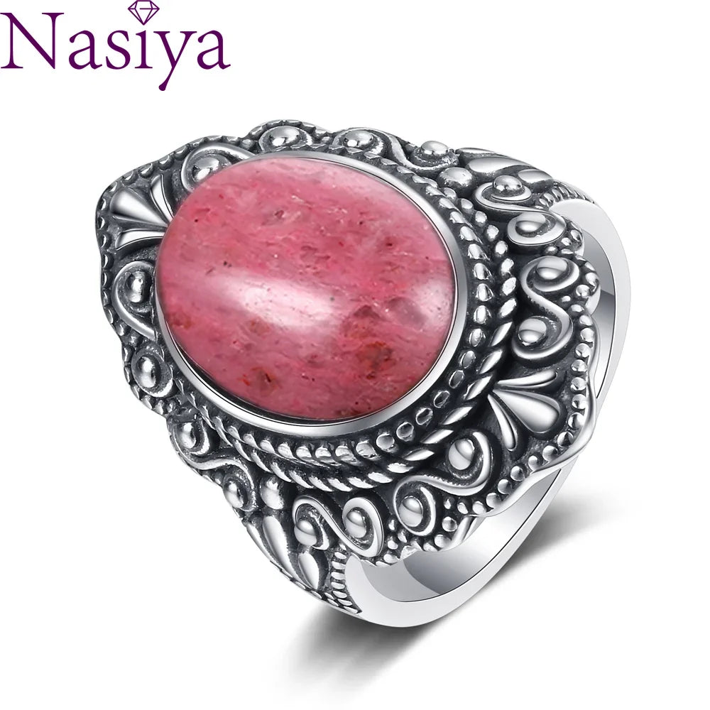 Natural Rhodochrosite Rings Women's S925 Silver Jewelry Ring Gifts Vintage Fine Wedding Ring
