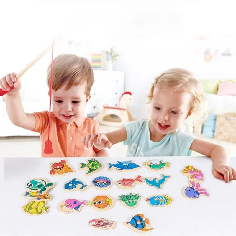 Wooden Magnetic Fishing Toy Set for Kids Montessori Educational Toy Marine Animal Game Toddler Learning Hand-Eye Coordination