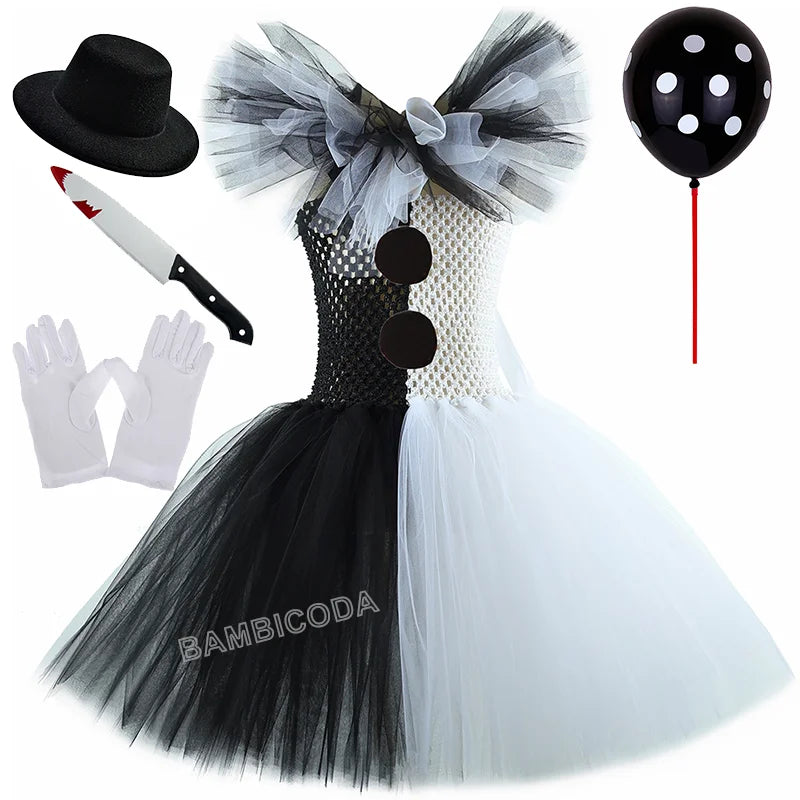 The Clown Costume Terrifier Art Girl Black White Fancy Tutu Dress Horror Joker Dress for Girls Halloween Carnival Party Costumes