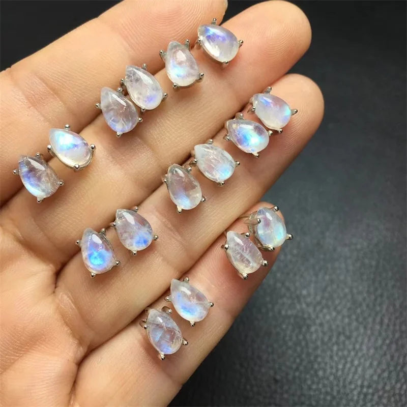S925 Natural Blue Moon Stone Drop Shape Stud Earrings For Women Charms Handmade Fortune Energy Amulet Jewelry Gift 1pair