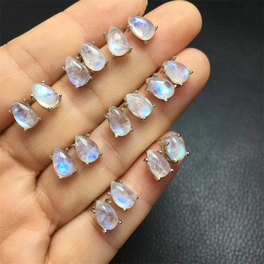 S925 Natural Blue Moon Stone Drop Shape Stud Earrings For Women Charms Handmade Fortune Energy Amulet Jewelry Gift 1pair