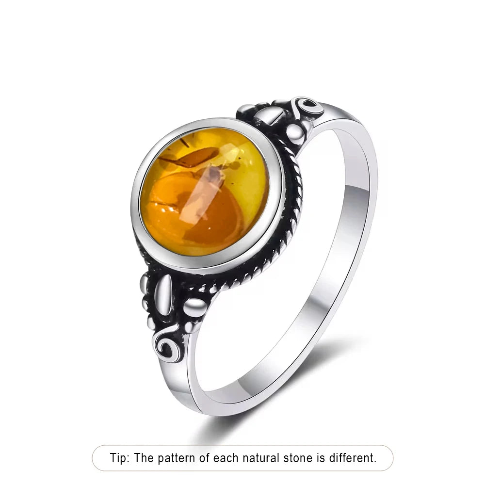 S925 Sterling Silver Ring With Natural Amber Stone Flower Shape Oval Petal Amber Stone Gifts Fine Jewelry For Women