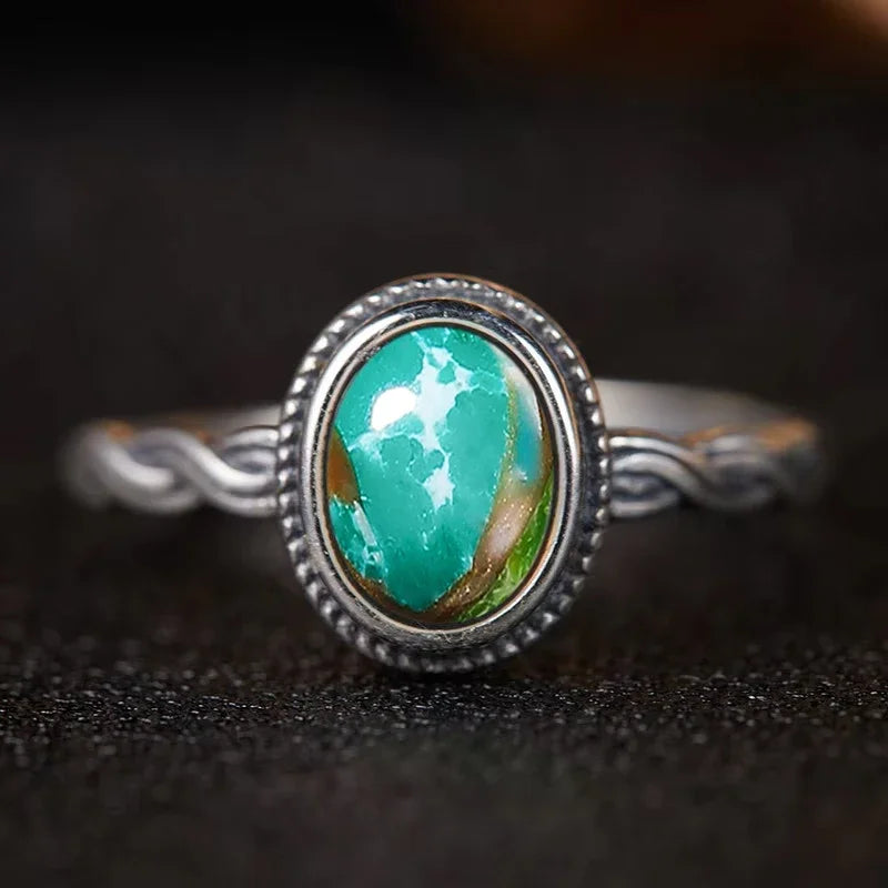 Vintage S925 Sterling Silver Ring with Oval Natural Emperor's Stone Flower Shape Hollow out Ring Fine Jewelry for Women