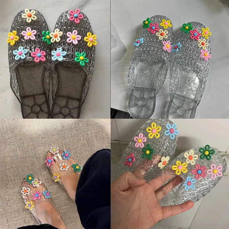 Fashionable Jelly Shoes Women's 2026 Summer Korean Style DIY Colorful Flower Mules Sandals Woman Transparent Crystal Beach Slide