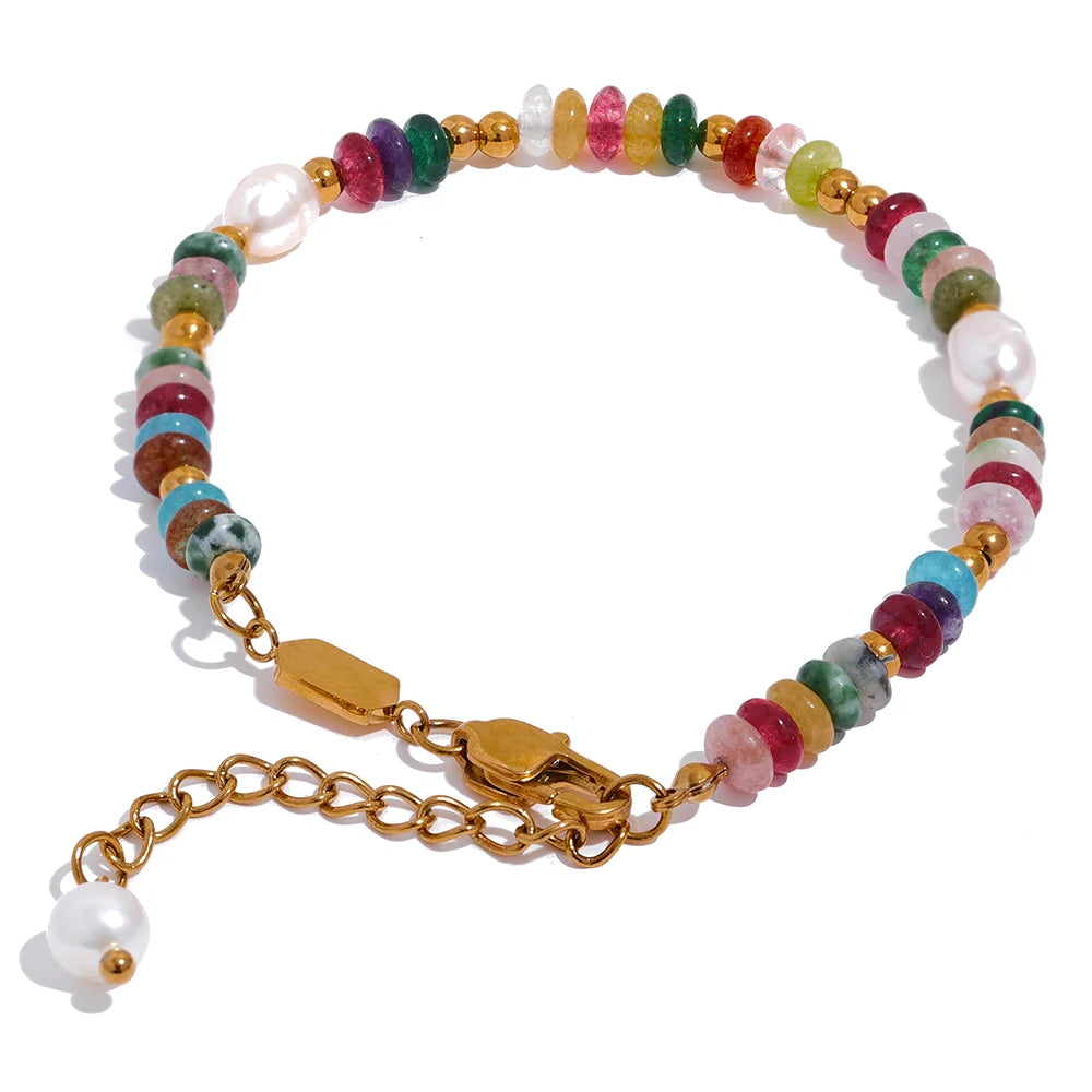 Yhpup High-Grade Natural Stone Pearl Chain Stainless Steel Luxury Bracelet Bangle for Women Waterproof Trendy Jewelry Gift