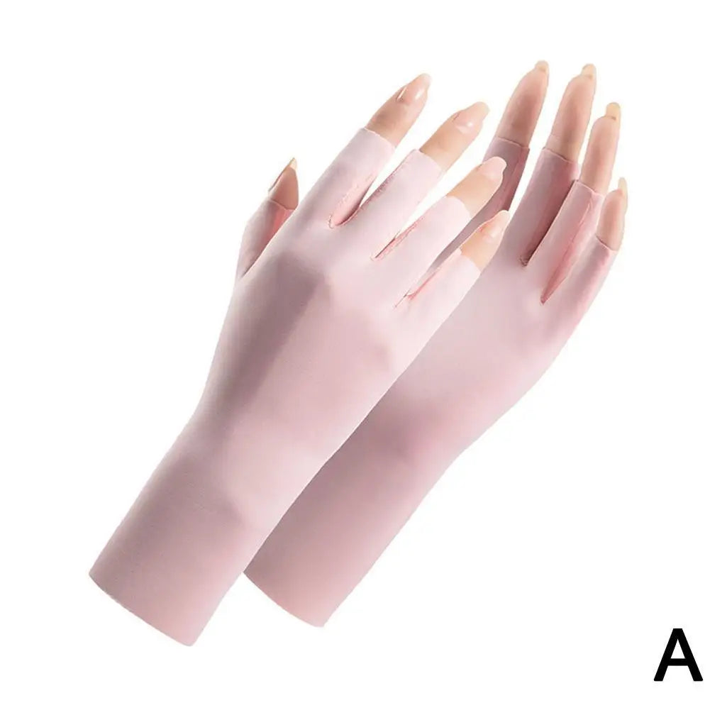 Women's Summer Ice Silk UV Protection Sunscreen Gloves Half Finger Thin Breathable Cooling Driving Gloves