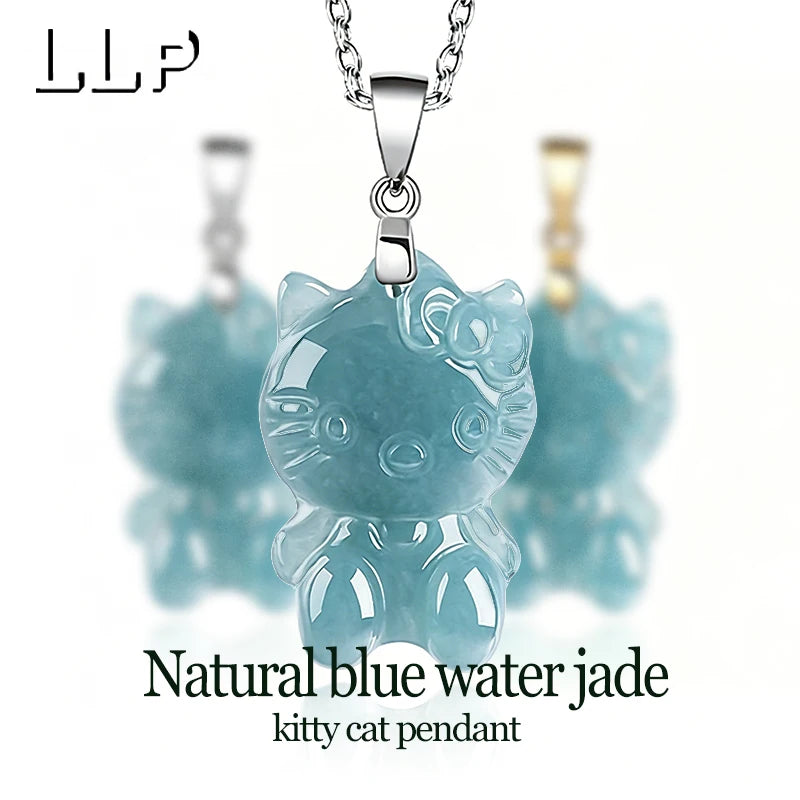 Natural Blue Water Jade Kitty Cat Pendant S925 Silver Clasp Hand Carved Cute Girl Accessory Birthday Gift