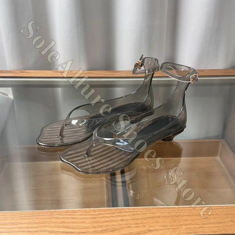 Glitter Jelly Sandals With Ankle Buckle Low Block Heel Thong Style Non Slip For Beach Trips And Summer Events