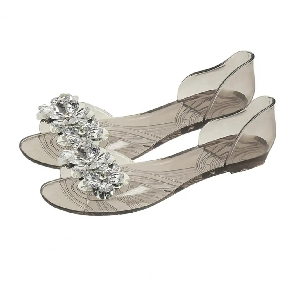 Women Transparent Summer Sandals Flat Fish Mouth Jelly Sandals Open Toe Beach Shoes with Fake Diamonds for Street Party Work