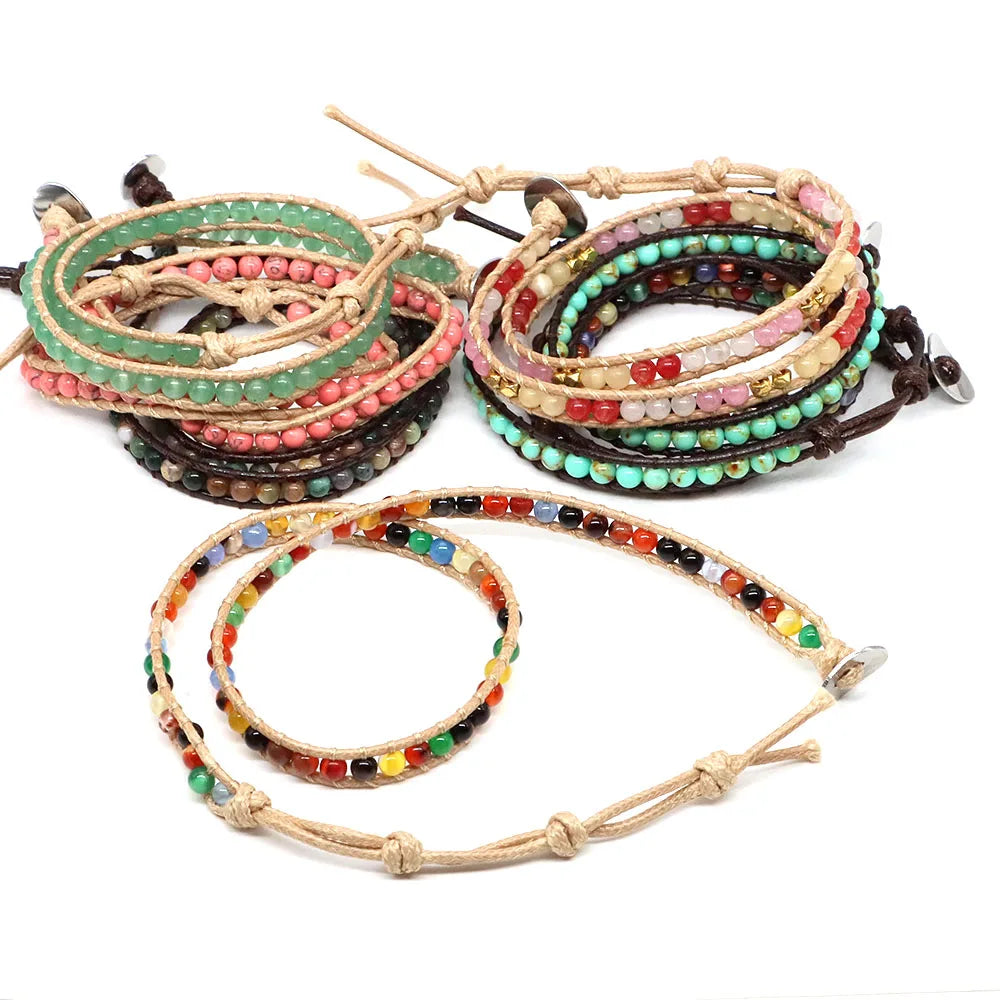 Natural Stone Bohemian Wrap Bead Bracelet Lapis Lazuli 2 Strands Multilayer Leather Rope Woven Bangle For Women Men Jewelry Gift