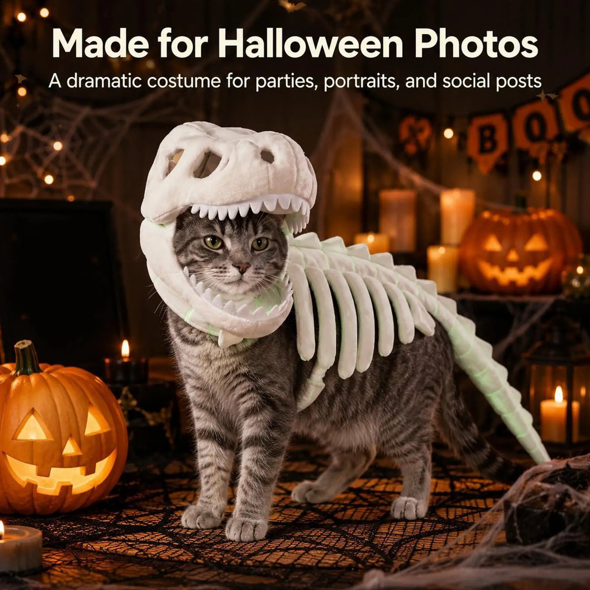 Pet Costume Dinosaur Skeleton Costume Glowing Skull Head Soft Plush Halloween Outfit Dinosaur Bone Hood Outfits Clothes