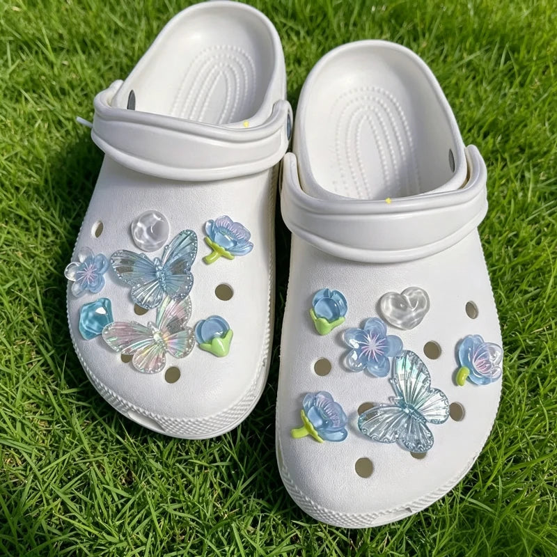 Blue Gradient Butterfly Resin Shoe Charms Iridescent Jelly Ornaments DIY Hole Sandal Decor Cute Summer Gift for Girls Women Kids