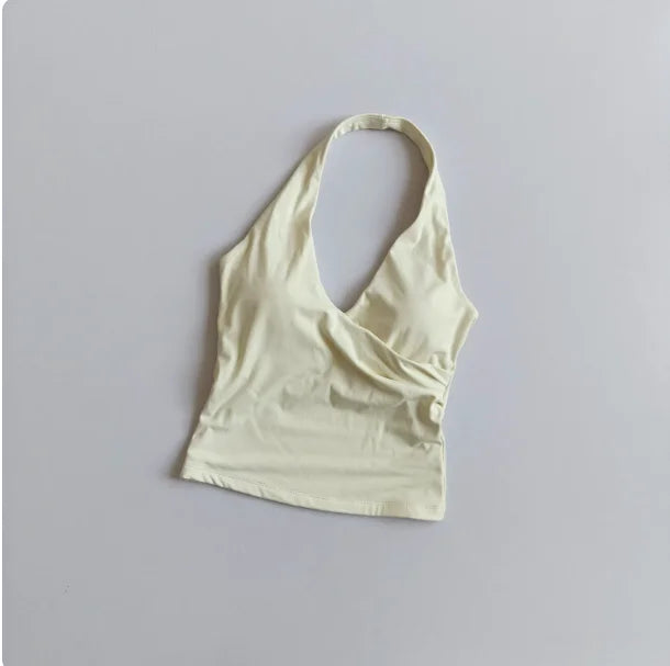 Sexy V-neck Cross Halter Neck with Chest Pad Yoga Vest Sleeveless Naked Sense Sports Fitness Bras Top Outer Wear Beautiful Back