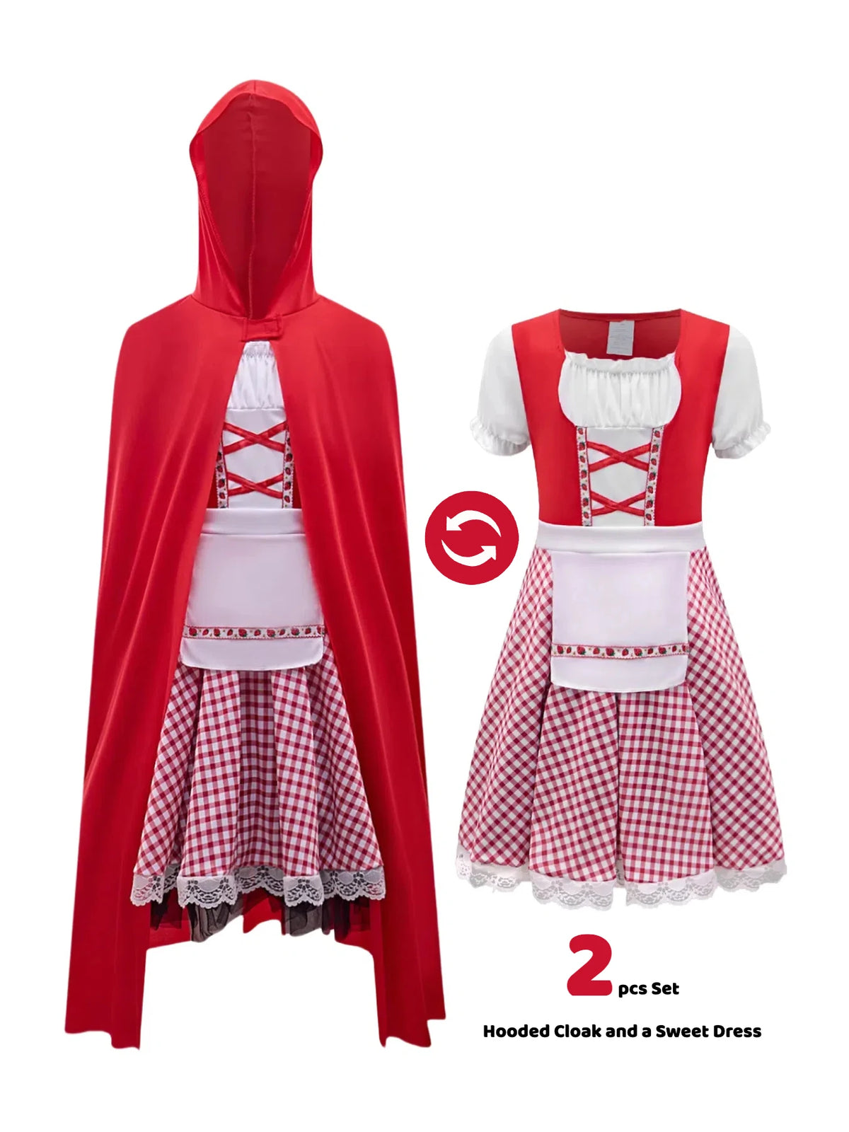 Kids Little Red Riding Hood Costume Girls Halloween Cosplay Outfit Red Hooded Cloak Plaid Lace Strawberry Dress Fairy Tale Fancy