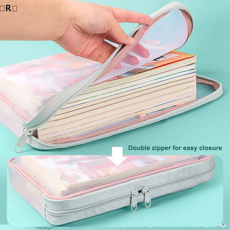 〔R〕A4 Stationery Storage Bag Double-layer Mesh Zipper Bag Large Capacity Organizer Folders School Office Supplies Stationary Bag