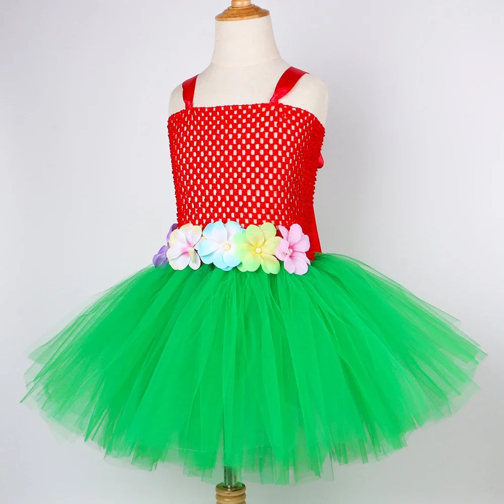 Girls Hawaiian Lilo Tutu Dress Costume Red Green Flower Kids Hawaii Luau Party Outfit Girls Halloween Carnival Princess Dress Up